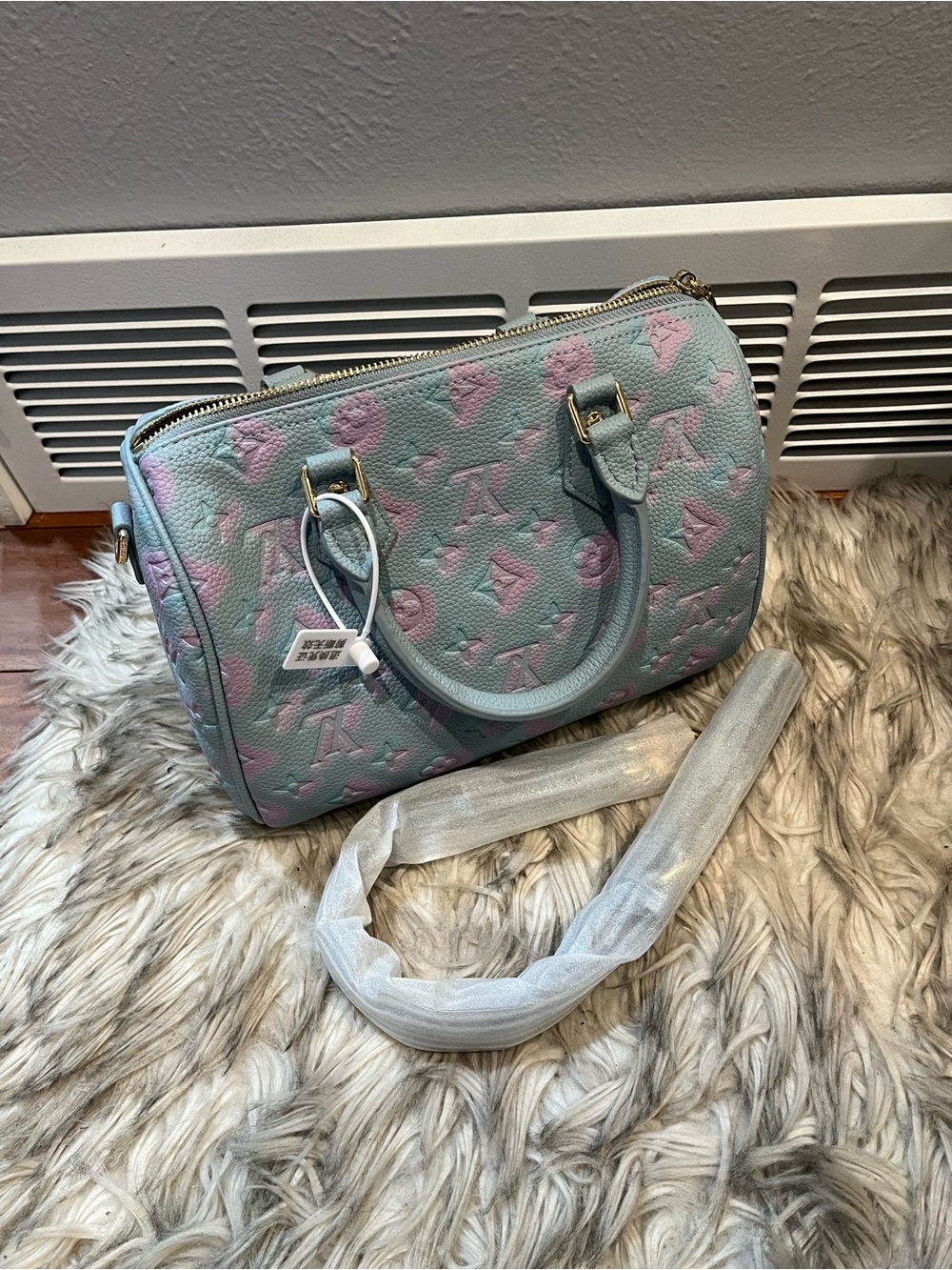Pastel Blue & Pink Embossed Satchel